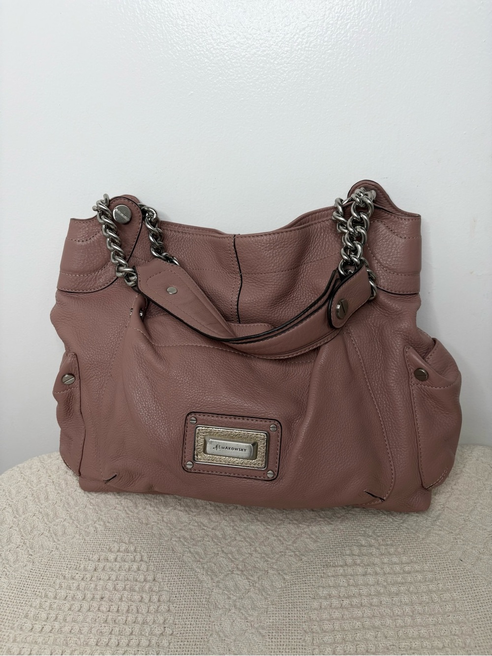 B. Makowsky Rose Pink Leather Hobo Shoulder Bag